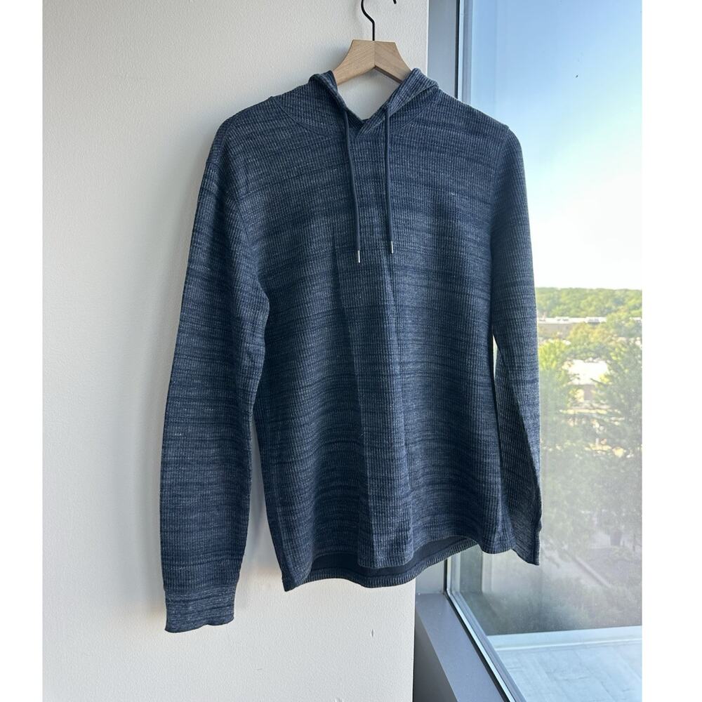 Vince Blue Gray Striped Knit Pullover Hoodie Drawstring Hood Men's Size S